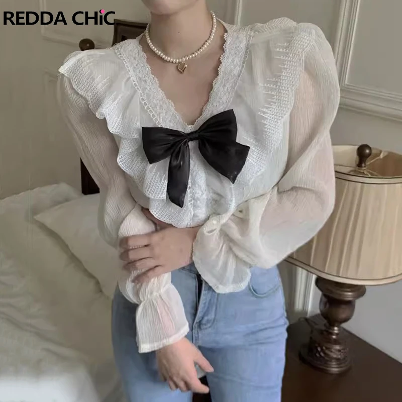 ReddaChic Medieval Retro Bowtie Chiffon Shirt Women Frill Lace Trim Puff Sleeves Ruffle Neck Textured Blouse Top Summer Clothes