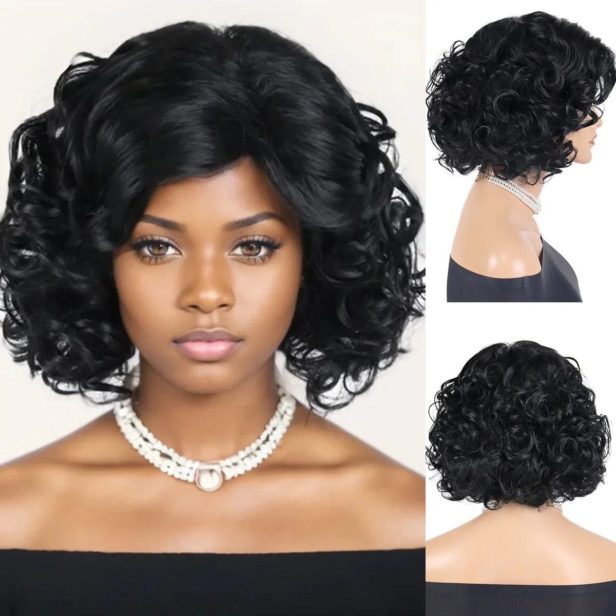 Synthetic Medium Length Curly Wigs for Black Women Short Haircuts Big Wave Fluffy Hair Full Wigs Natural Hairstyles Mommy Wigs