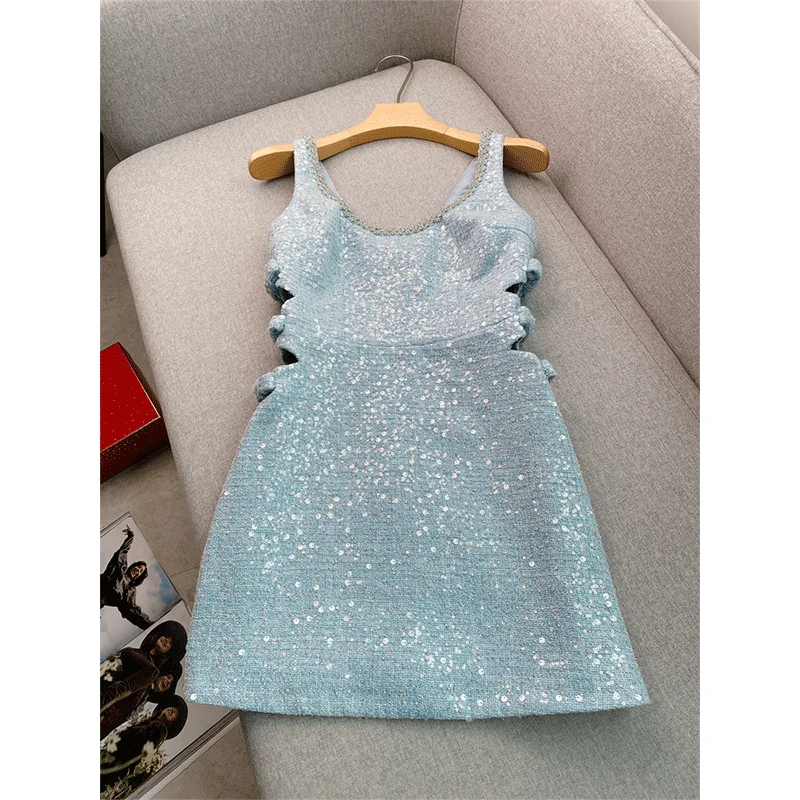 2024 Early Spring Blue Dress Women's New Round Neck Sequin Diamonds Hanging Strap Off The Waist Dresses Female Clothing