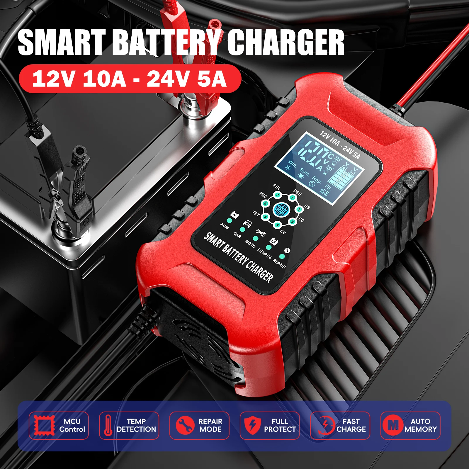 FOXSUR 12V/10A 24V/5A Full Automatic Car  Smart Battery Charger Digital Display Pulse Repair Maintainer For Lead Acid AGM