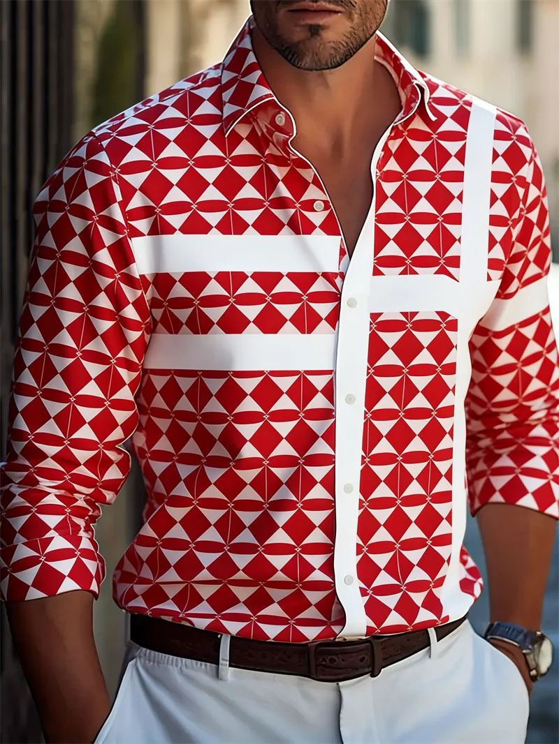 New red and white geometric triangle pattern men's long sleeved shirt with a lapel and slim fit casual shirt