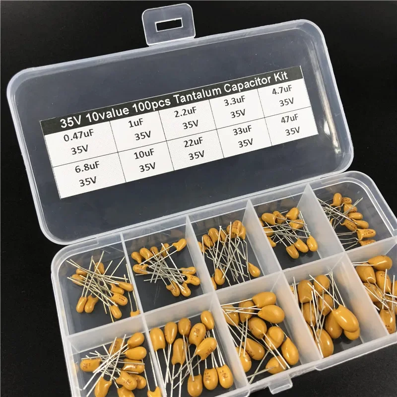 10values 100pcs 35V 0.47uF 1uF 2.2uF 3.3uF 4.7uF 6.8uF 10uF 22uF 33uF 47uF tantalum capacitor assorted kit with storage box