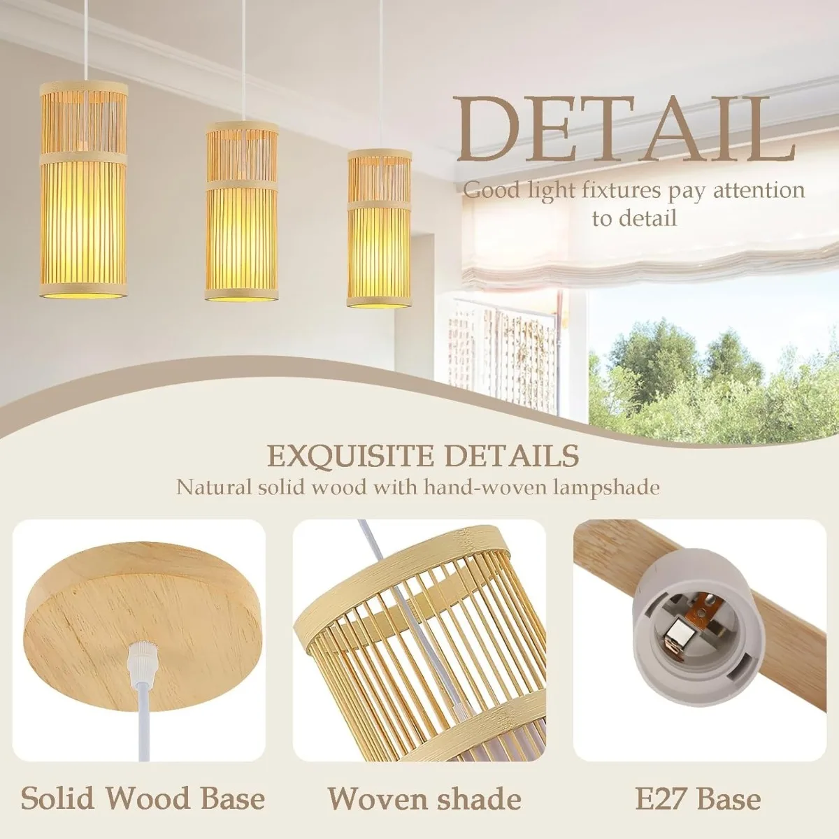 

Набор бамбуковых люстр JOYINLED из 3 шт., мини-плетеный подвесной светильник ручной работы для кухни, бара, столовой, декоративное освещение E27
