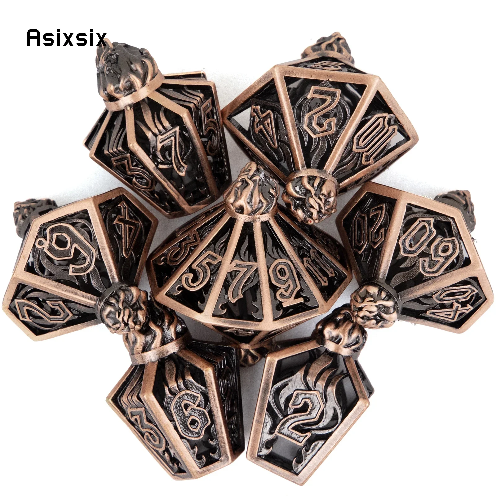

7 Pcs Copper Flame Metal Dice Hollow Metal Polyhedral Dice Set Suitable For Role-Playing RPG Gift Card Game