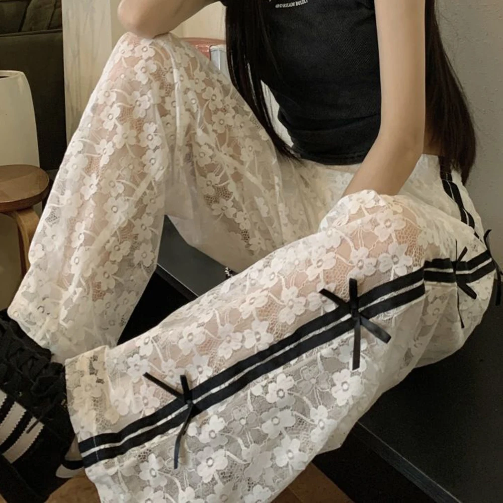 

Bow lace white casual pants women's summer thin design sense hollow high waist thin straight trousers