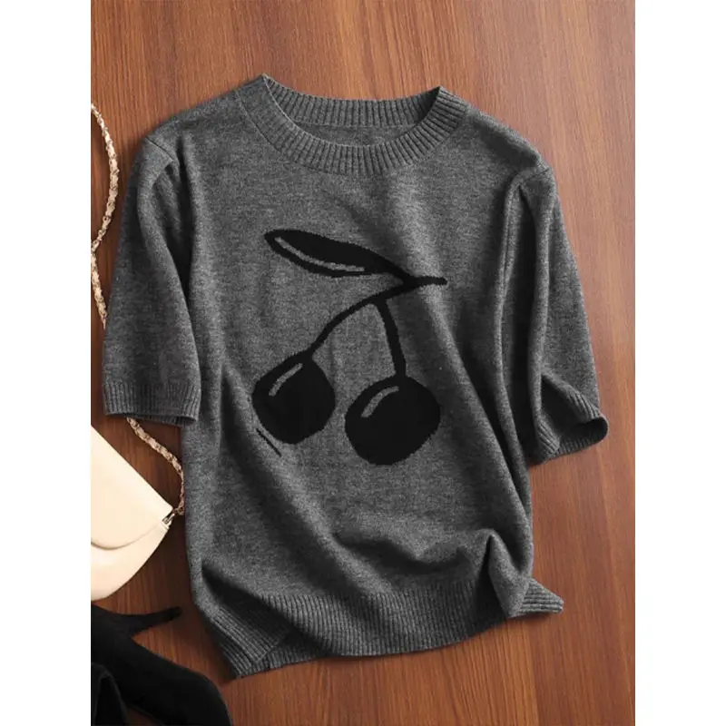 

Модный вязаный топ с короткими рукавами вишневого жаккарда на лето, новый стиль, удобный пуловер