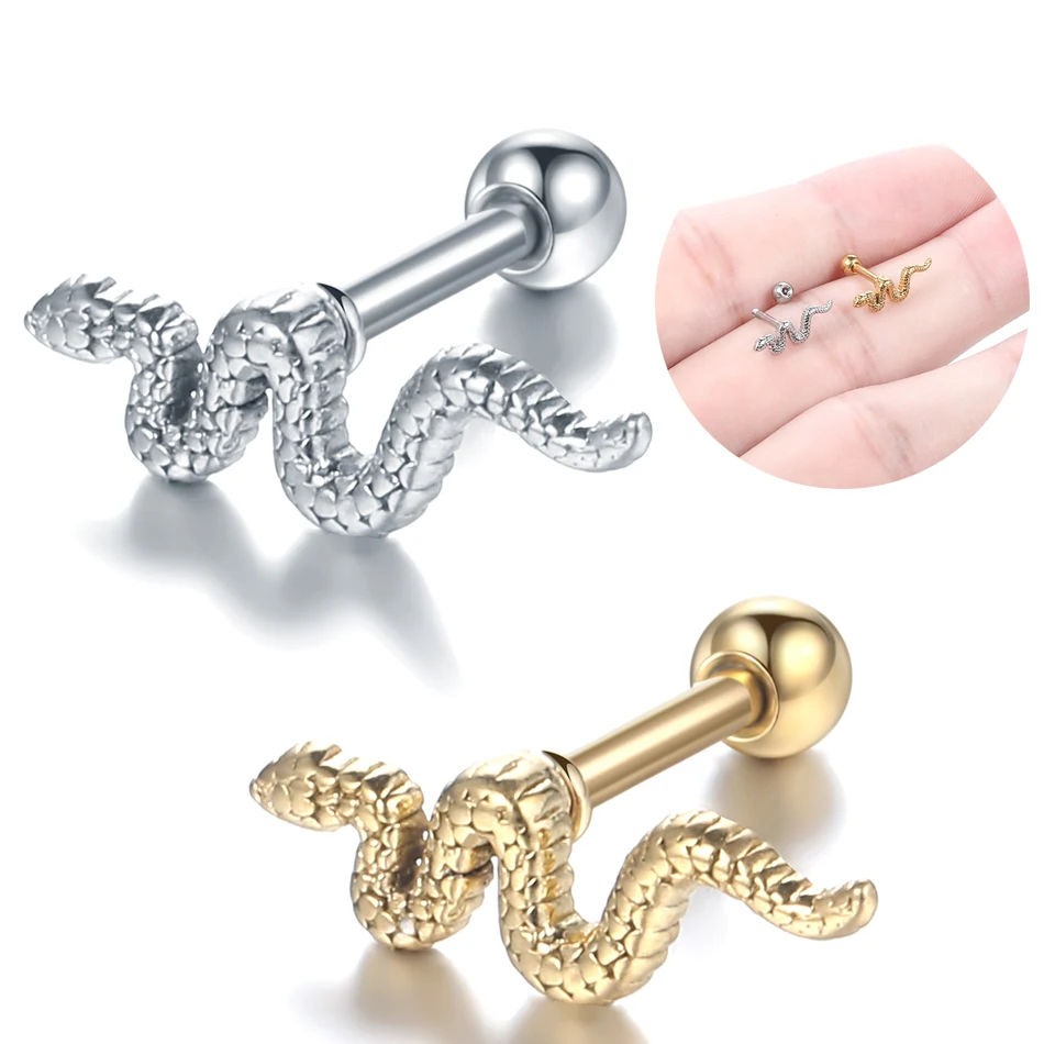 1PC Stainless Steel Zircon Ear Piercing Earring for Women Snake Ear Studs Cartilage Earring Helix Conch Lip Piercings Jewelry