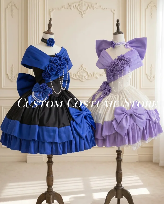 Vestido de Fiesta Corto Estilo Princesa Lila Real con Lazo Grande, Hombros Descubiertos, Estilo Rococó, Disfraz de Lilota, Cosplay, Gala