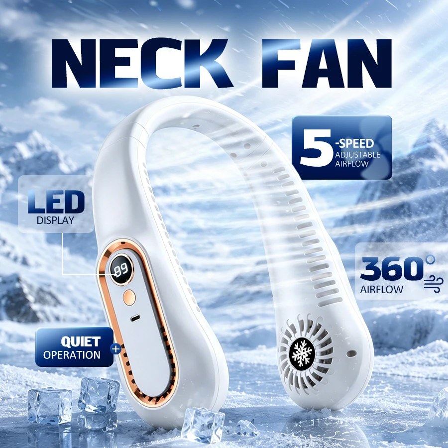Tragbarer Nackenventilator, 5 Geschwindigkeiten, LED-Bildschirm, 360° °   Kühlender, leiser, tragbarer USB-Ventilator für Reisen, Zuhause und Büro