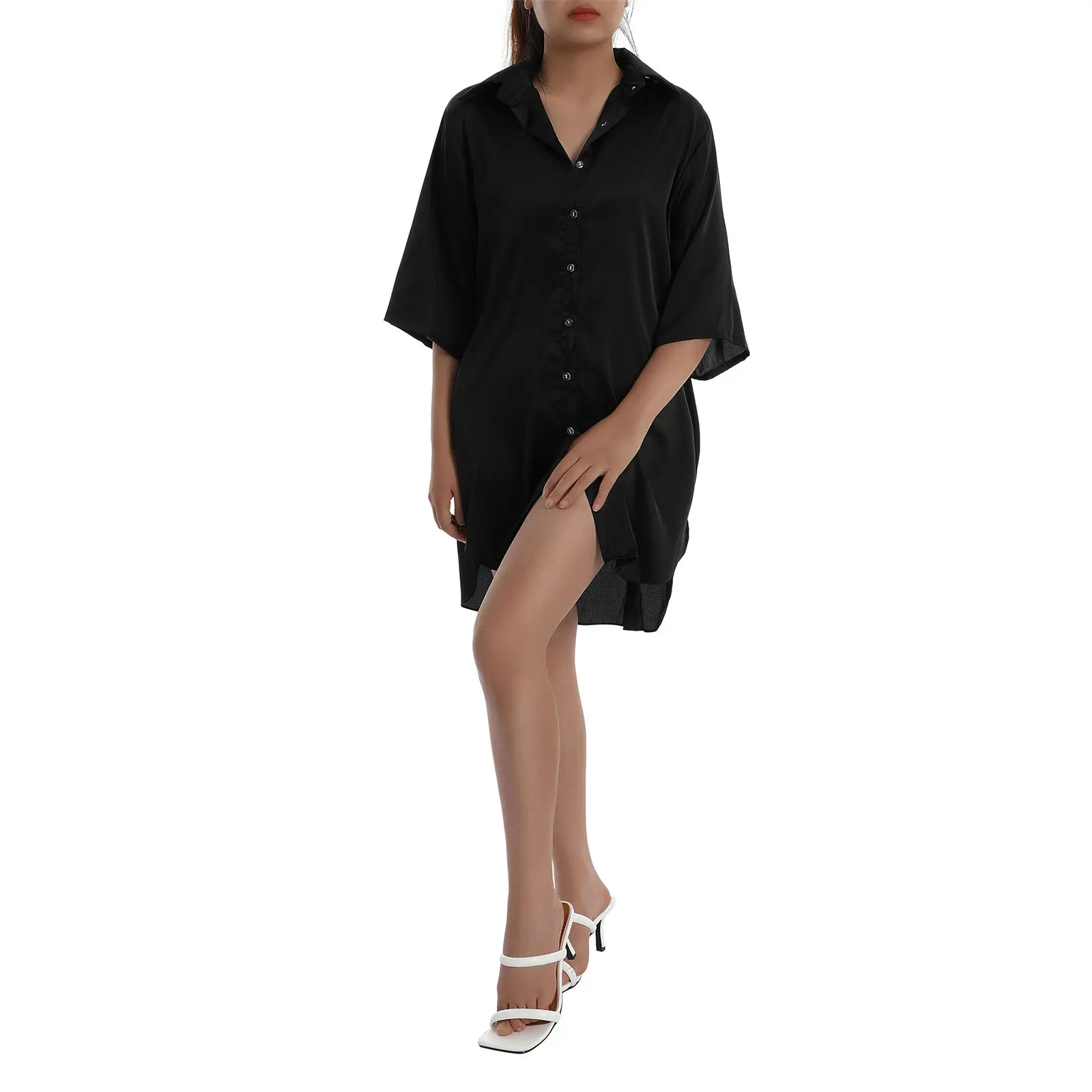 Womens Satin Nightshirt Button Down Sleepshirt Silk 3 4 Sleeve Nightgown Boyfriend Notch Collar Loose Sleepwear Nightshirt