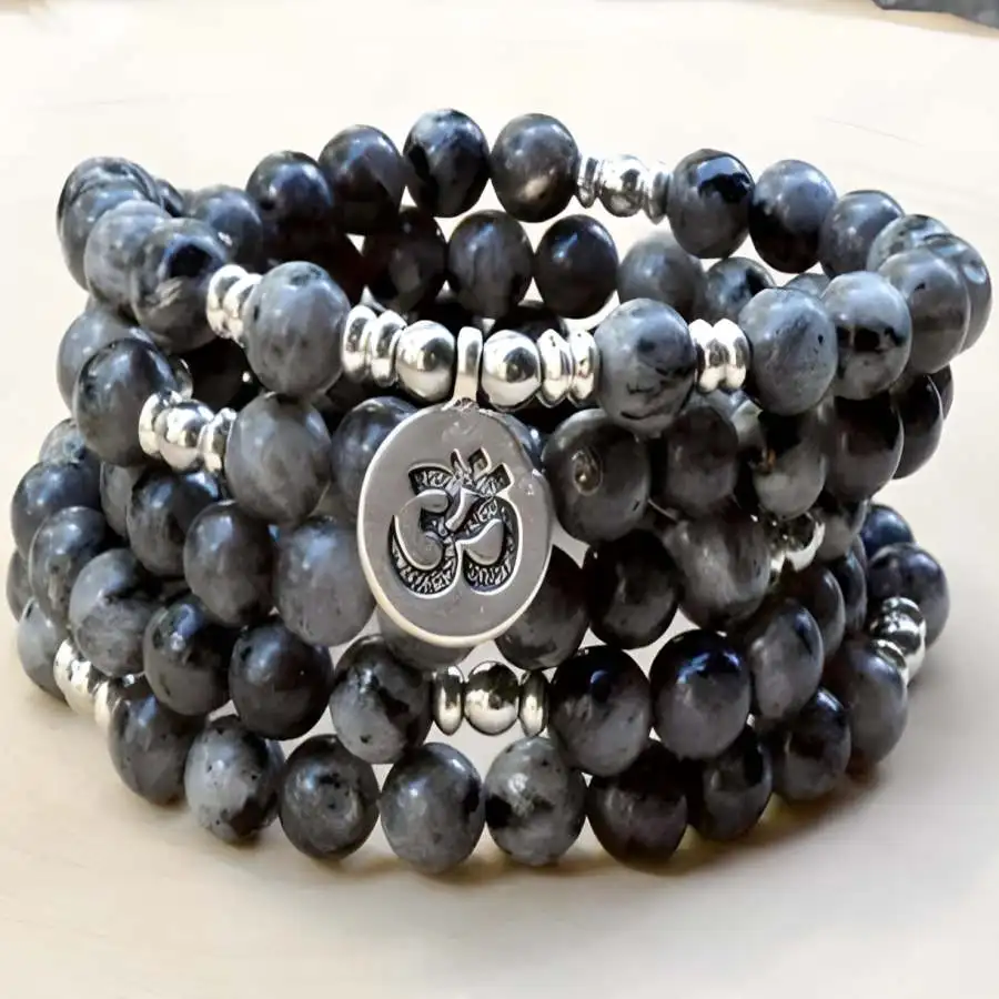 

8mm Natural Labradorite 108 Beads Pendant Necklace Mala Bead Buddhist Chaplet Bodhi Meditation Gemstone Nirvana Hand Tibetan