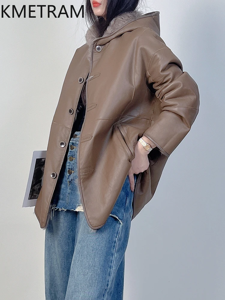 Jaket Bulu Berwajah Ganda Kulit Domba Wol Alami Mantel Bulu Asli Dapat Dibalik Mewah Wanita dengan Tudung Pakaian Wanita Musim Dingin 2025ба