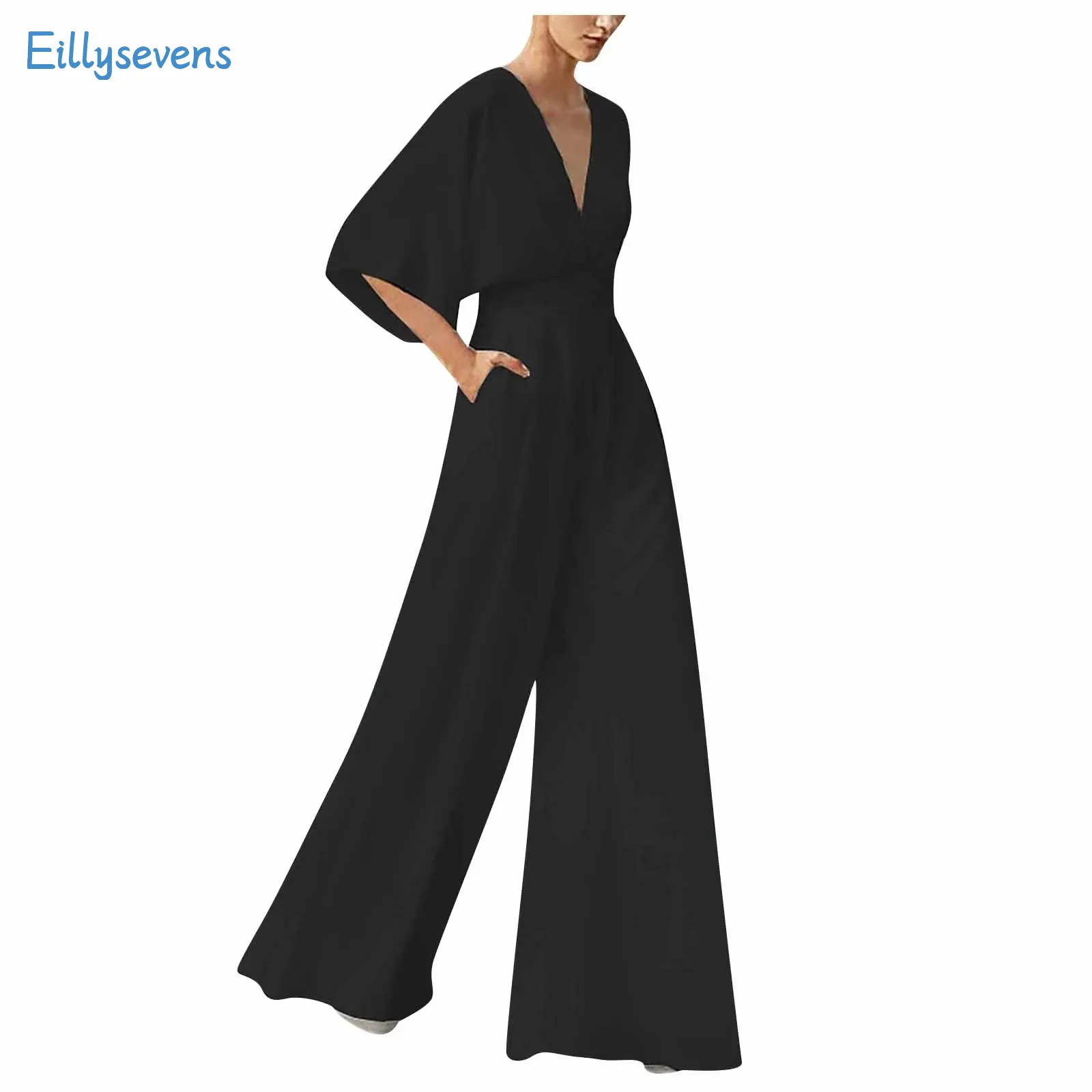 

Women Banquet Dress Jumpsuits Elegant Fashion Trend Solid Color Sexy V-Neck Hight Waist Jumpsuits Thin Soft Comfortable Rompers