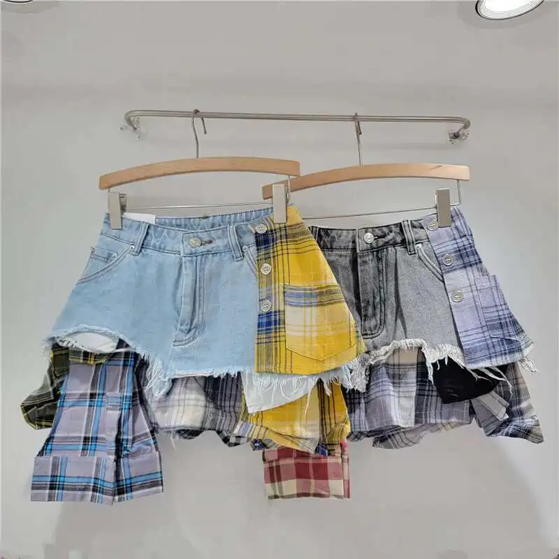 DEAT Women's Denim Skirt Colored Plaid Patchwork Irregular Deconstructed A-line High Waist Mini Skirt 2026 Spring New Fashion 56 Sfda868d15e3649bbb961f49310cd1c96m