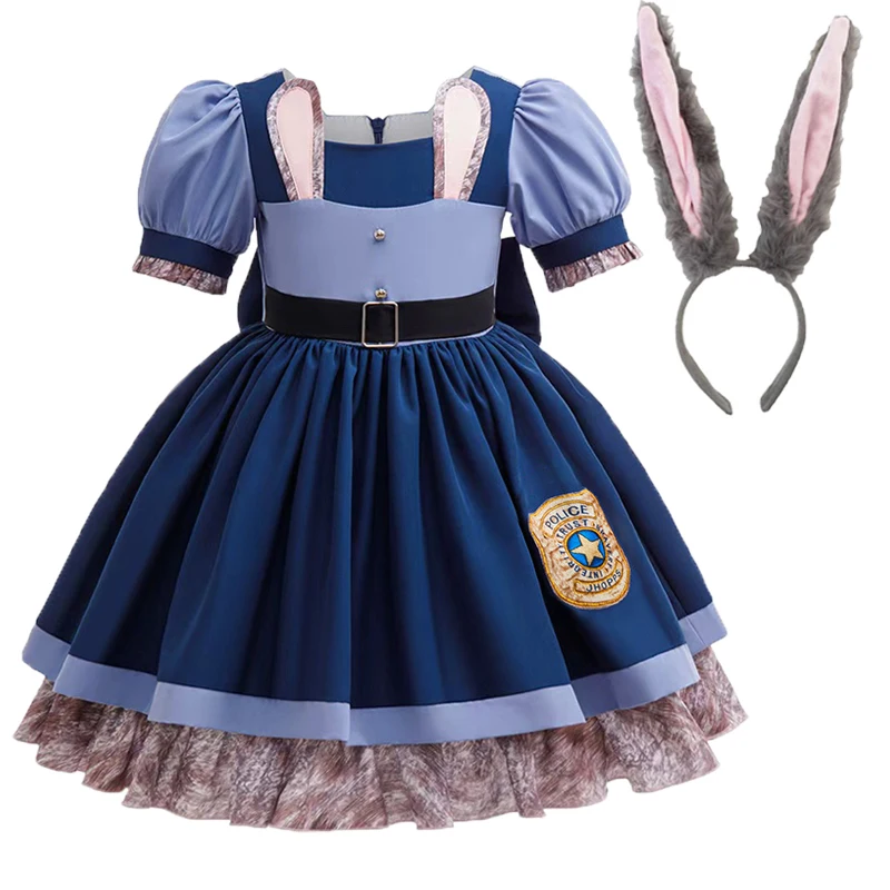 

Новый популярный костюм для девочек: кролик-полицейский, наряд для дня рождения, милый костюм для девочек с аксессуарами, карнавальный костюм для девочек.