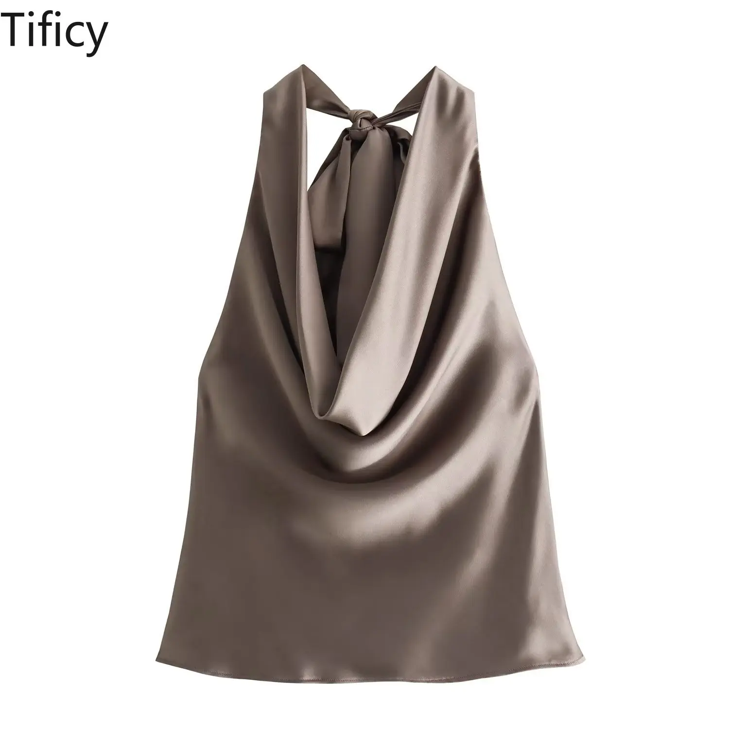 TIFICY Summer Fashion Women's New Fashionable Hanging Collar Satin Texture Khaki Short Suspender Tanks Crop Tops