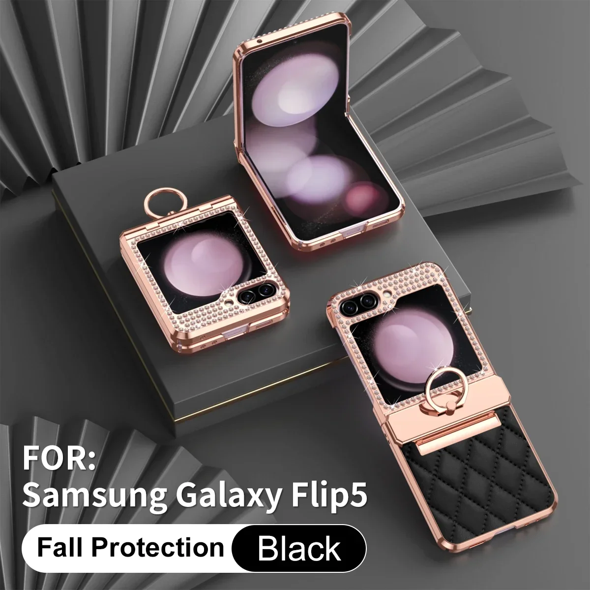 Glitter Bling Diamond Ring Hinge Plastic Cover For Samsung Galaxy Z Flip 6 5 4 3 5G With Pu Leather Plating Phone Case K02