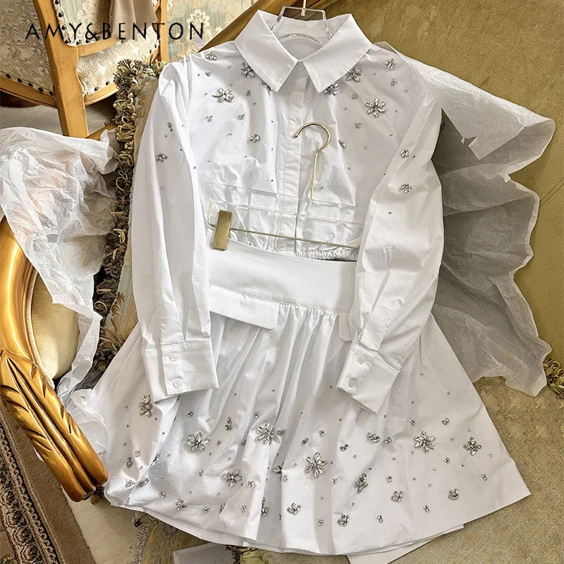 

2024 Early Autumn New Heavy Industry Beading Long-sleeved Short Shirt High Waist Slim Mini Skirt Two Piece Sets Womens Outifits