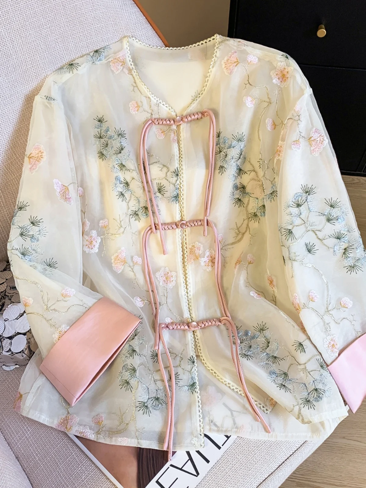 

Ele Thin Embroidered Silk Open Cardigan Long Sve Stand Collar Button up Top for Women Age Reduction Color Blo Design