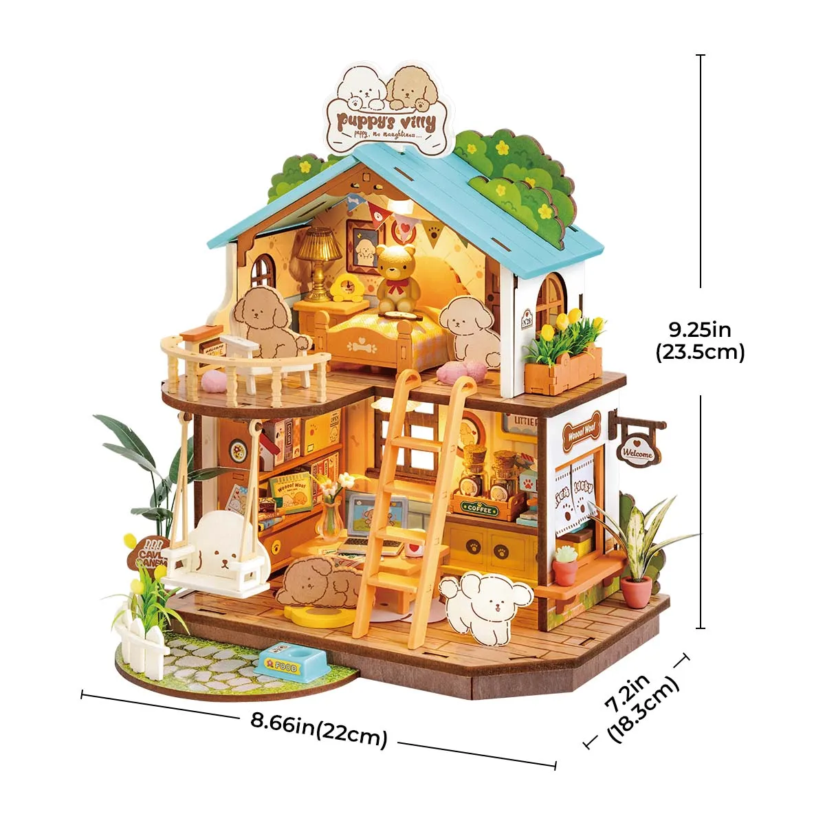 Robotime Rolife DIY Puppy's Cozy Villa House Miniature ชุดสําหรับเด็กและครอบครัวใหม่ปริศนาไม้ชุดตกแต่งบ้าน