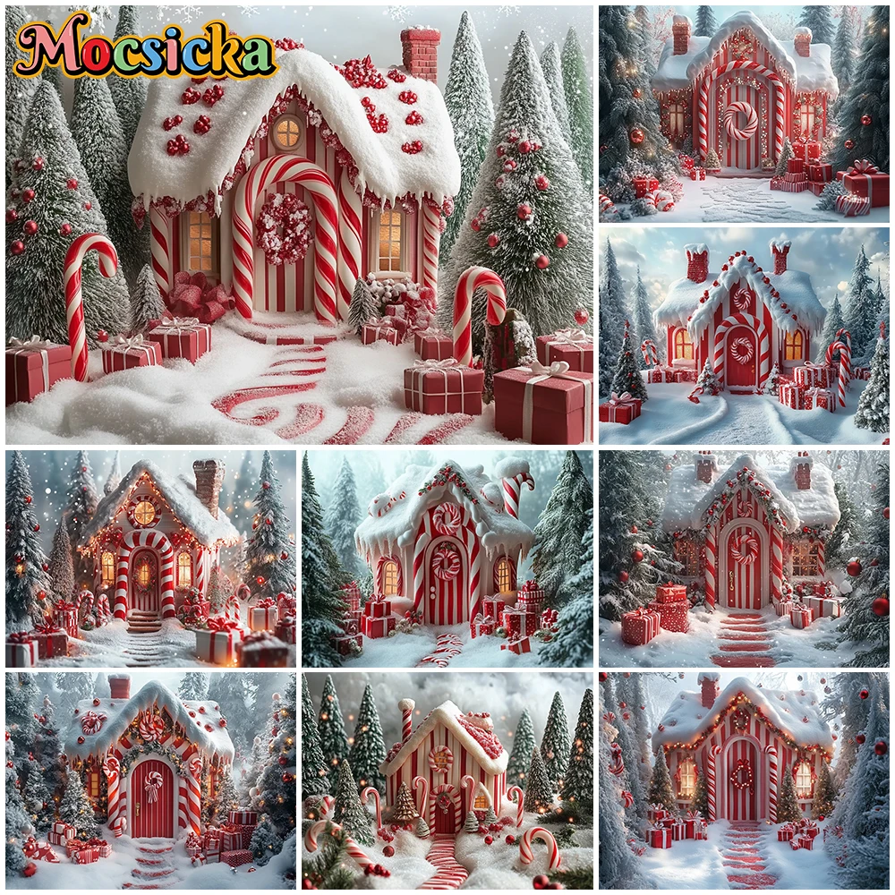 

Mocsicka Candy House Background Photography Winter Snow Christmas Tree Decors New Year Party Birthday Backdrops Studio Wallpaper