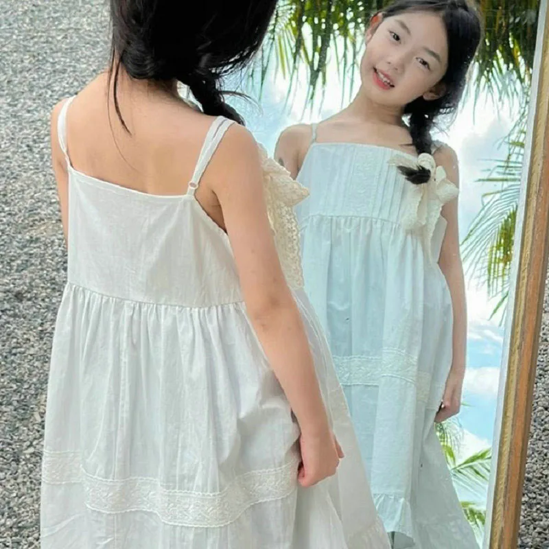 2024 New Girls Dresses Summer Solid Suspenders Dress Hollow-out Long-Sleeved Base Blouse Kid\'s Beach Wear