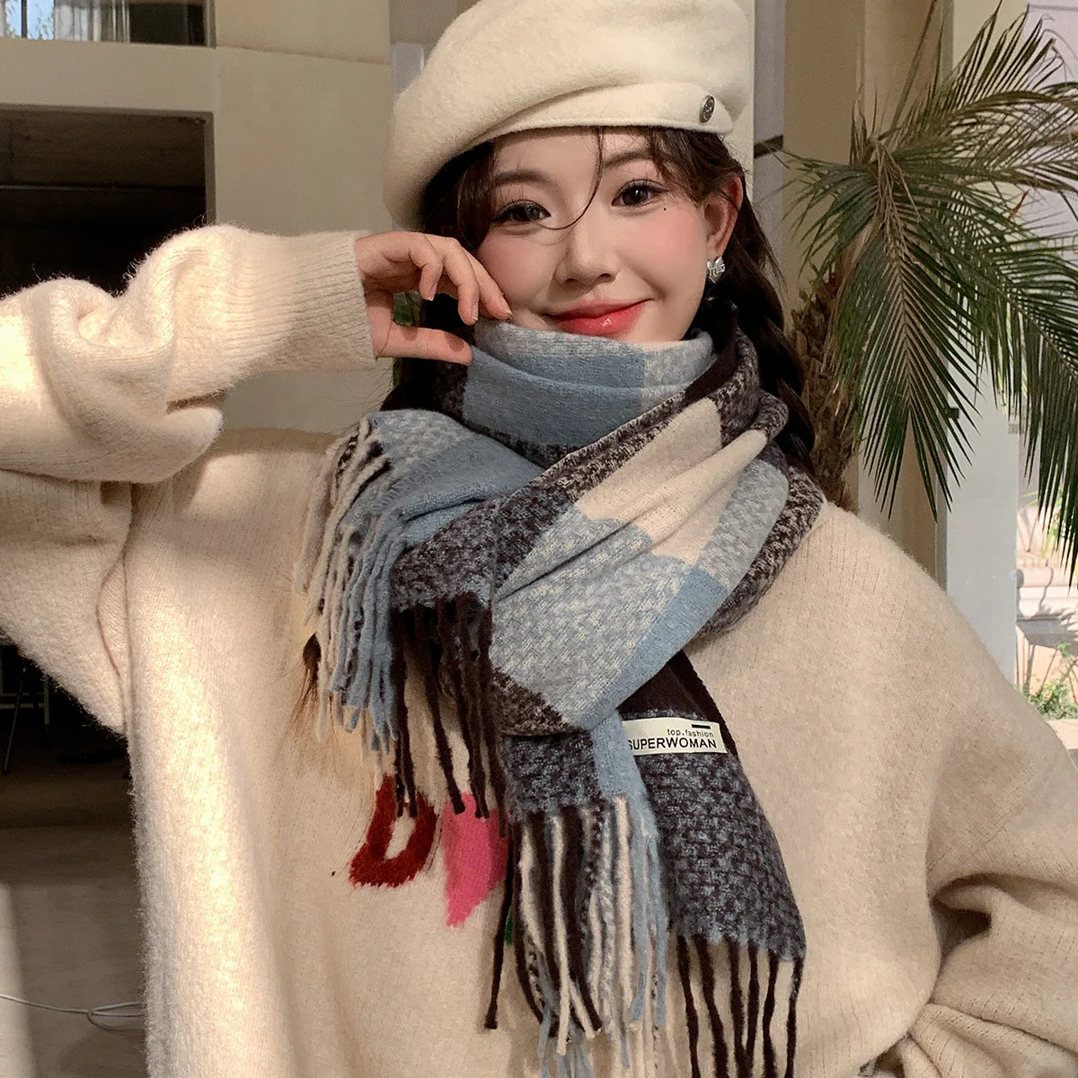 Korea Style Women Winter Plaid Cashmere Blanket Scarf With Tassel Poncho Stoles Thick Warm Pashmina Shawl Wraps