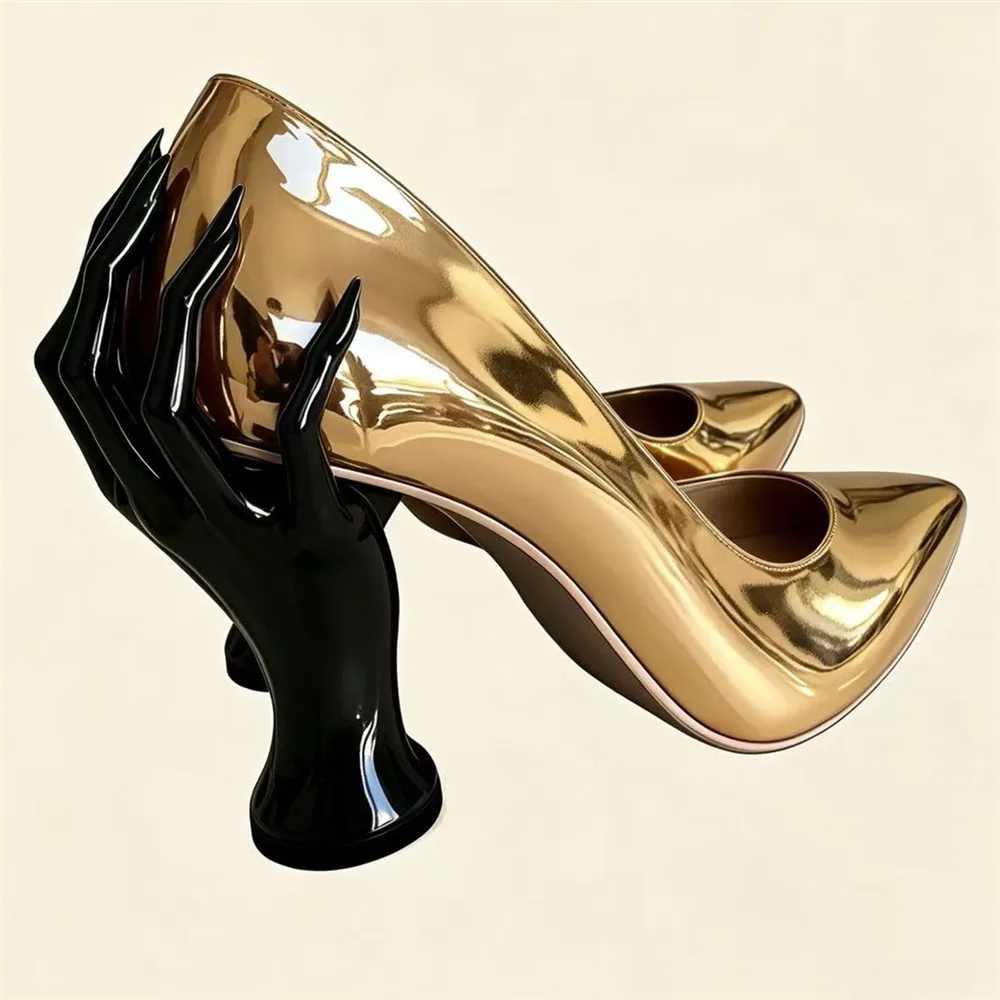 Women Unique Hand Shape Heel Pumps Magenta Patent Leather Pointed Toe High Heels Weird Runway Party Dress Fashion Stiletto Shoes