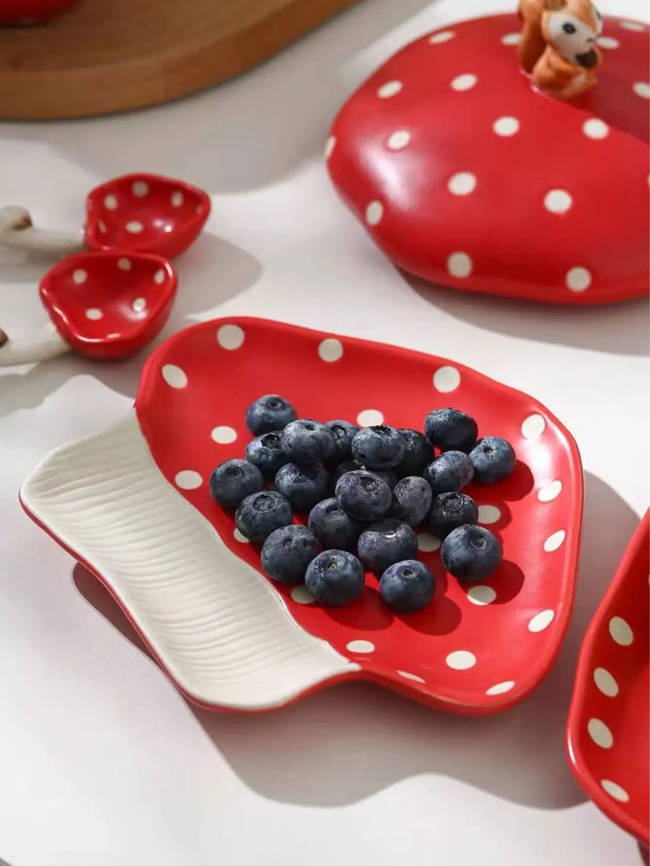 Cute and Fashionable Ceramic Bowl and Plate with Underglaze Color Design, Red Mushroom Style, 1 Piece