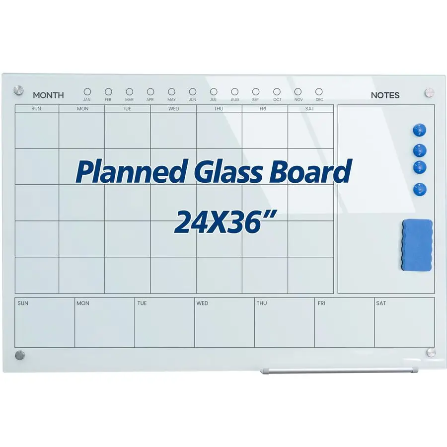 

Glass Whiteboard 36X24 Monthly Planner Calendar Dry Erase Board for Home, School, Office, Frameless, with Markers, Marker Tray,