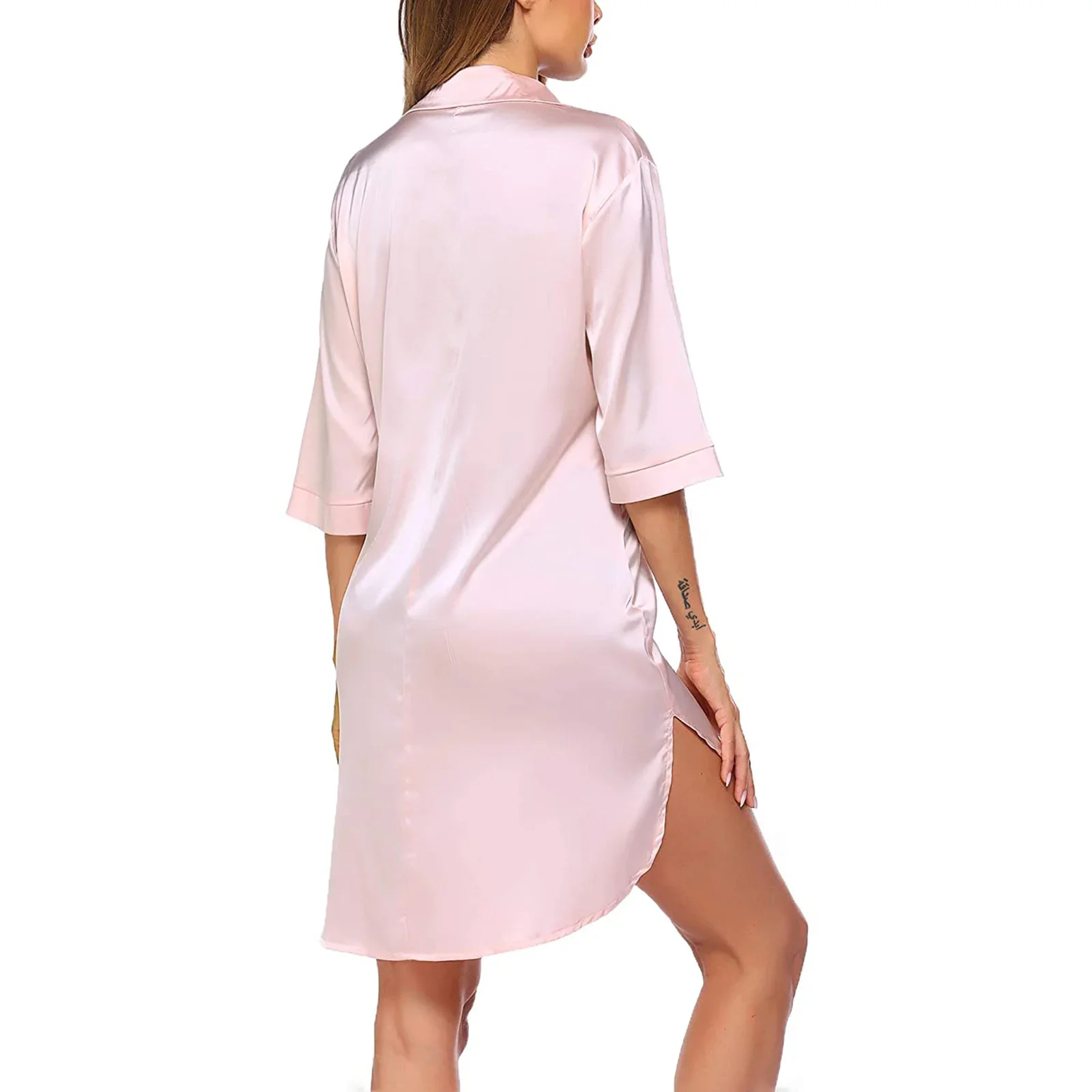Combhasaki Women\'s Solid Color Satin Silky Comfy Sleepshirts Half Sleeve Single Breasted Down Lapel Collar Loose Night Shirts
