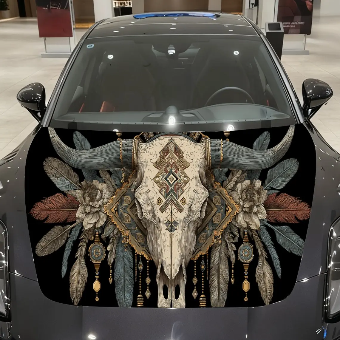 Artistic Bohemian Bull Skull Car Cover Sticker, Auto Hood Decal, Car Exterior Scratch Resistant Decal, Trendy Gift for Car Lover