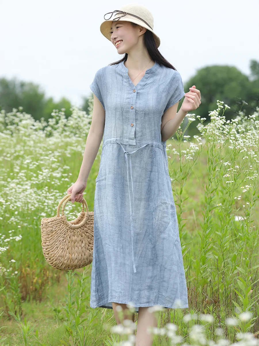 LZJN-Women's Summer Drawstring Waist Dress V-neck, Short-Sleeved Shirt Skirt, Wash Fried Color, Yard Dyed Linen Mid-Length Dress