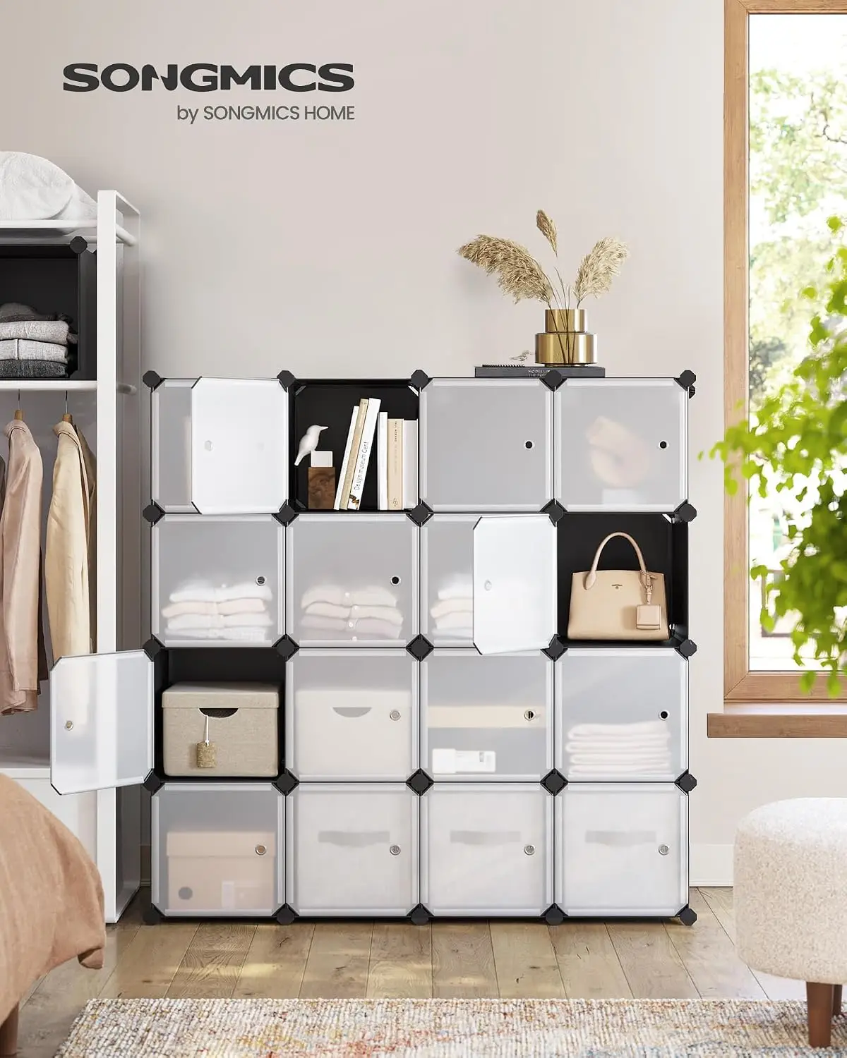 Cube Storage Organizer, Set of 16 Plastic Cubes, Closet Storage Shelves, DIY Plastic Closet Cabinet, Modular Bookcase, Shelving with Doors for Bedroom, Living Room, Black and White ULPC44HS