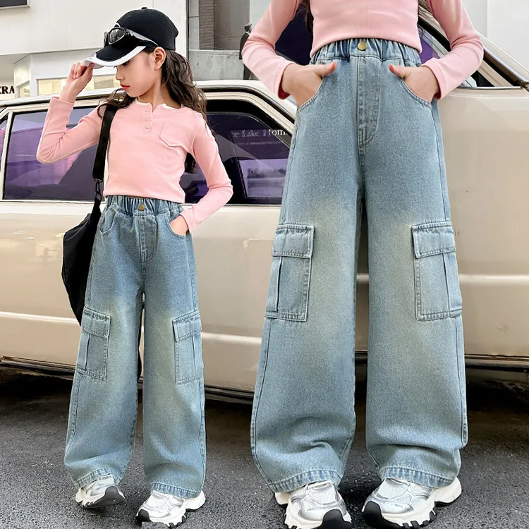 Mädchen Frühling Herbst Cargo Weite Bein Jeans 4-14 Jahre Kinder Elastische Hohe Taille Multi-Taschen Lose Freizeithose – Detail 27