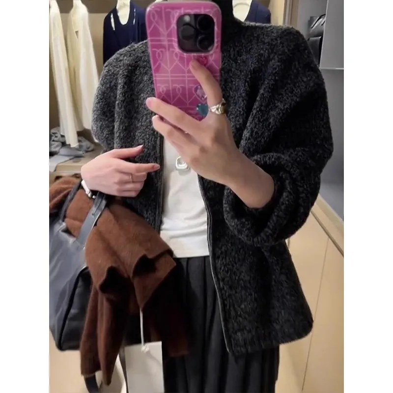 السيدات شيك فرو الضأن البلوز ملابس خارجية مزدوجة سستة الوقوف طوق فضفاض كسول Sle الشتاء الخريف حجم صغير #3