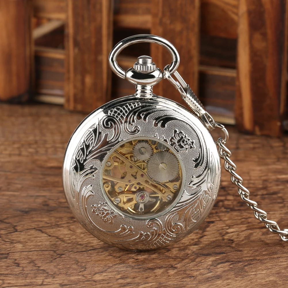 Transparent Hollow Roman Numerals Display Mechanical Pocket Watch Hand-Winding Luxury Vintage Pendant Chain Clock Gift Male