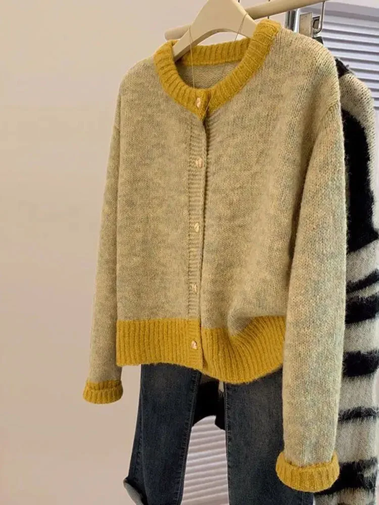

Single-breasted Cardigan Long Sleeve Patchwork Knitted Sweater O-neck Casual Warm Coat Office Outerwear Autumn Winter
