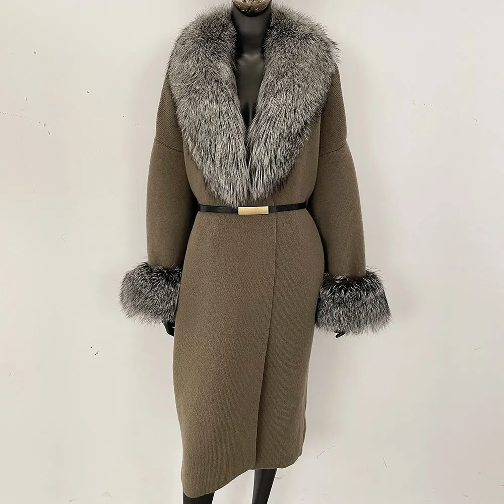 2025 New Autumn Winter Long Cardigan Knitted Real Fox Fur Coat Reality Fur Jacket Warm Women Natural Raccoon Fur Knitwear Female