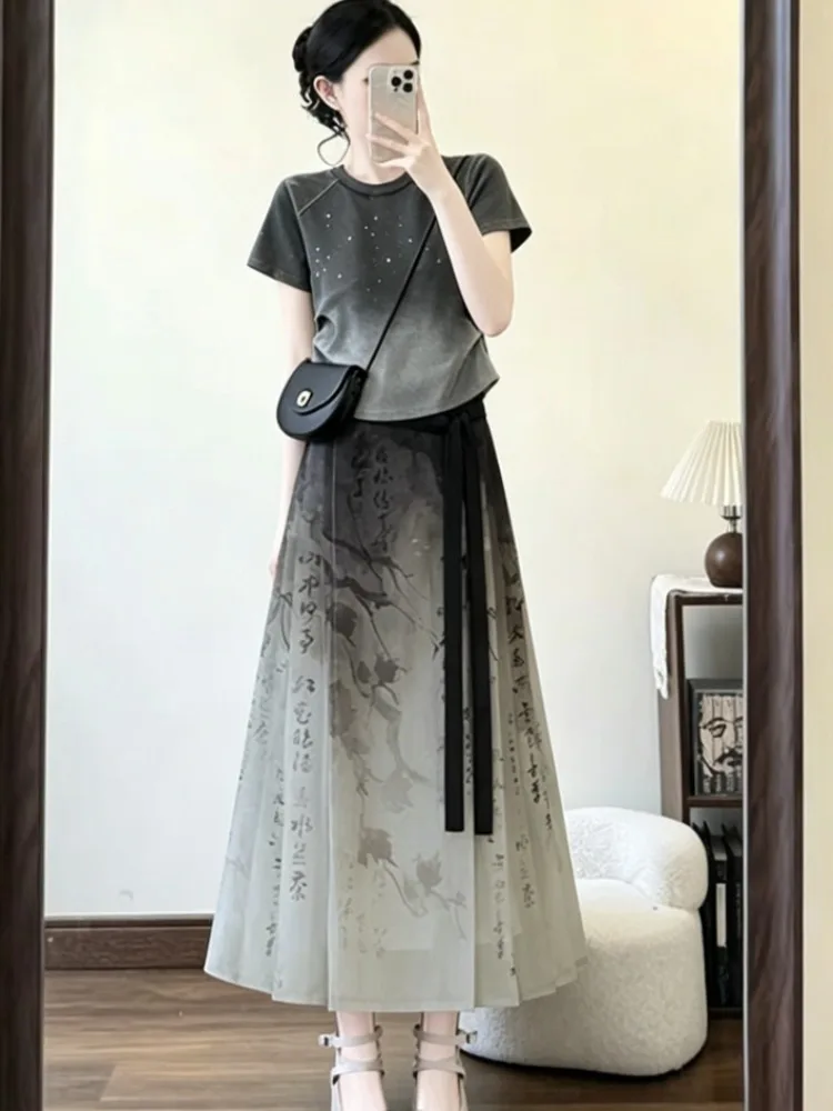 Large Size Summer High-End Sensation Set Women's Anti-Aging Gradient Shoulder T-Shirt Matching Chinese Style Ink Painting Clo...