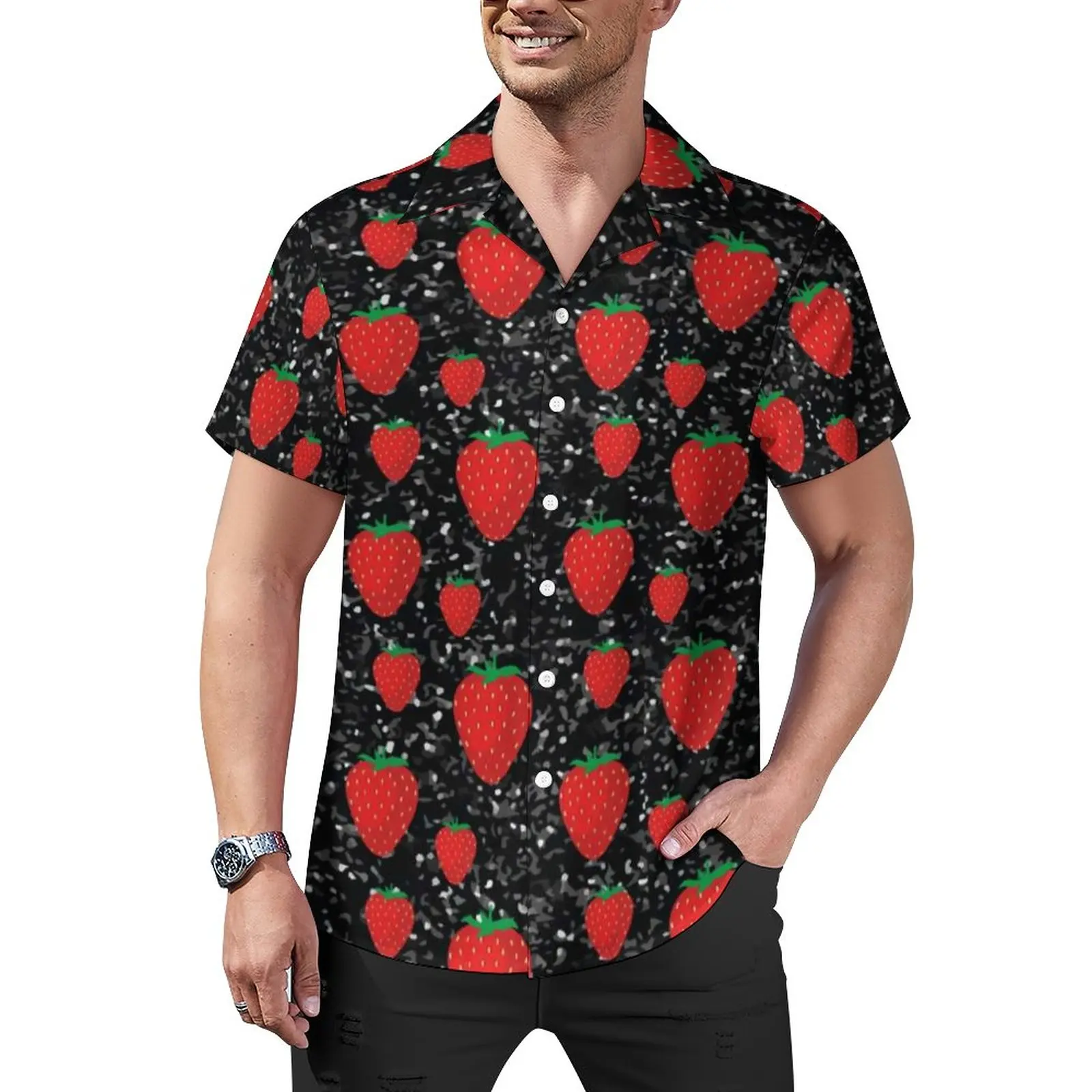 

Sweet Fruit Lovers Casual Shirts Red Strawberry Berries Beach Shirt Hawaiian Vintage Blouses Men Printed Plus Size