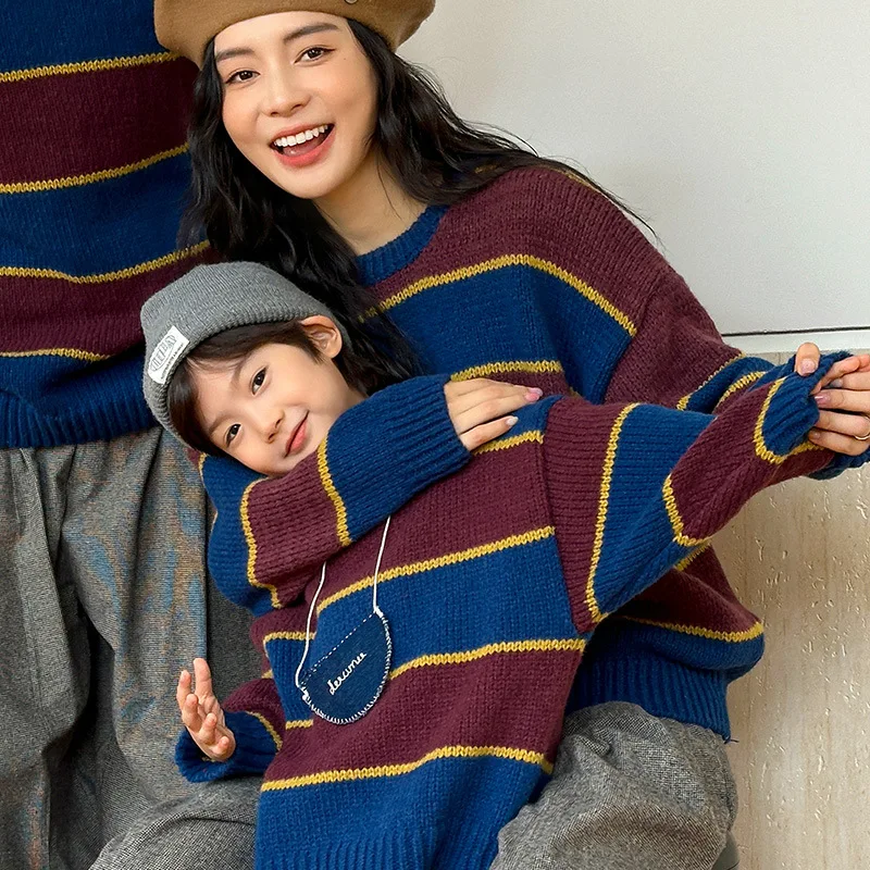 Family Matching Outfits Parent-child Clothing Autumn and Winter Coarse Sweater Casual Jumper Retro Children's Striped Sweater