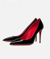 Punta affilata, bocca poco profonda, tacchi sottili, tacchi alti con suola rossa sexy, scarpe singole foderate rosse, scarpe da lavoro in pelle verniciata nera