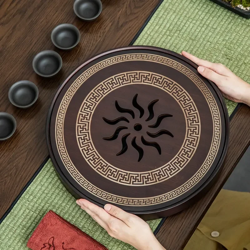 High Quality  Wood Tea Tray Hollow Sunflower Panel Bamboo Set Board Drainage Water Storage Kitchen Accessories