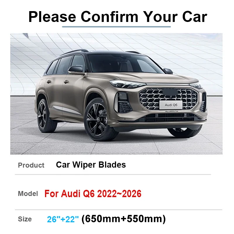 26 "+ 22" لأودي Q6 اكسسوارات 2022 2023 2024 2025 2026 سيارة الجبهة ممسحة فرش نافذة مساحات شفرات شريط مطاطي أدوات السيارات