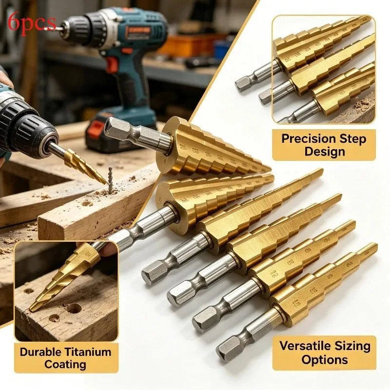 Step Drill Bit Set 6Pcs, Tapered HSS Drill Bits for Metal, Wood & PVC, Reaming Tool Kit for Home, Crafts & DIY Projects