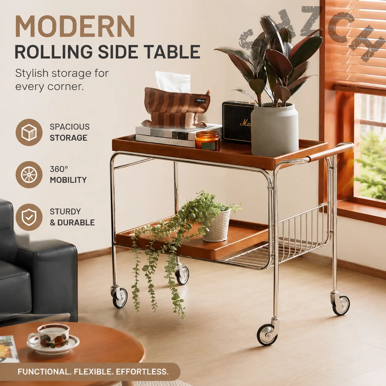 Vintage Solid Wood Coffee Table with Casters – Multi-Functional Living Room Side Table, Tea Trolley & Dining Cart