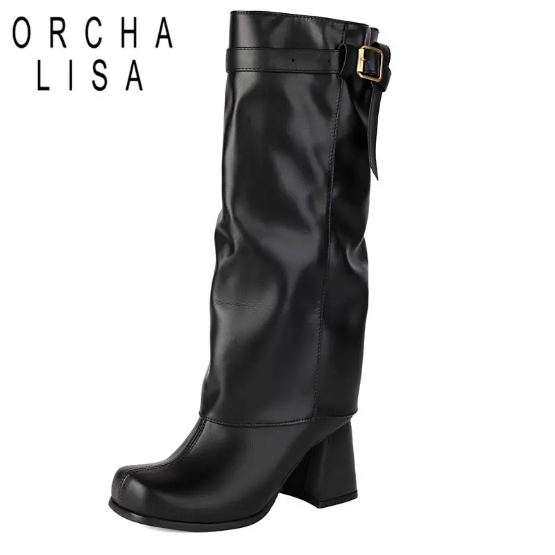 

ORCHA LISA White Women Knee High Boots Square Toe 7.5cn Block Heel Slip On Belt Buckle Plus Size 45 46 47 48 Sexy Dating Botas