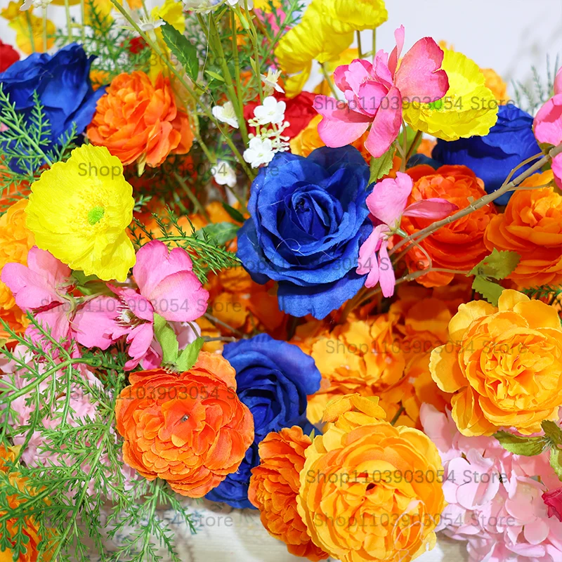 Buntes Orange-Rot-Blau-Rosa Künstliches Tischblumenarrangement Hochzeitsbankett Esstisch-Mittelstück Rosen-Mischblumenreihe – Detail 6