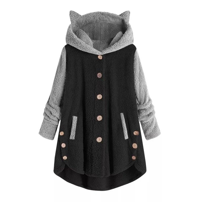 Cat Print Long Hoodies Sweatshirt Women Fleece Warm Button Pocket Pullovers Cat Ear Plus Size Hoodie Top Blouse Sweat Femme